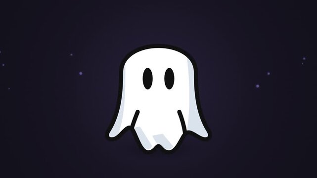 Cute cartoon ghost floating loop animation on dark background. Friendly spooky character for Halloween, 2D vector style.