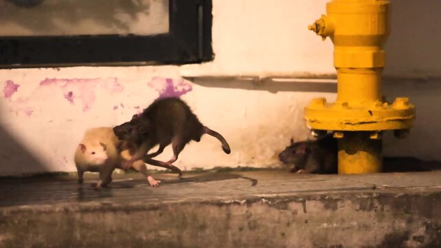 Two rats forage near a yellow fire hydrant in a dark urban alley at night
