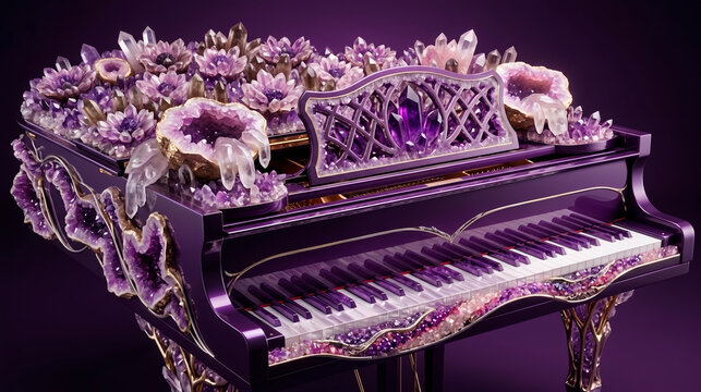 Purple grand piano decorated with amethyst crystals and blooming flowers on a dark violet background, surreal fantasy music illustration