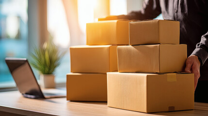 Fototapeta premium business owner packing cardboard boxes in home workspace, natural daylight from window illuminating scene, clean desk with packaging materials, realistic lifestyle photography emphasizing online 