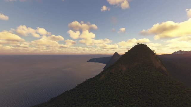 Side aerial drone view at sunrise of Gros Piton. St Lucia