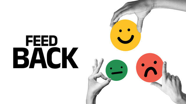 Feedback symbols displayed with hands showing expressions in a clear design