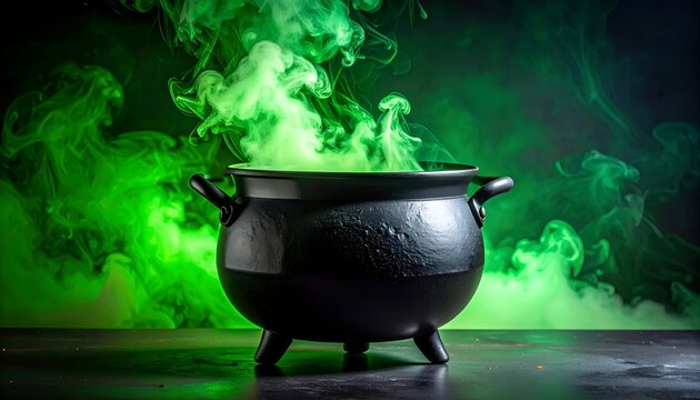 Mystical black cauldron with glowing green smoke for Halloween concept. Witch potion brewing in a dark atmosphere with neon vapor.