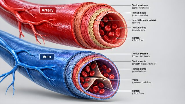 Detailed 3D medical illustration comparing human artery and vein structure with anatomical labels and red blood cells inside