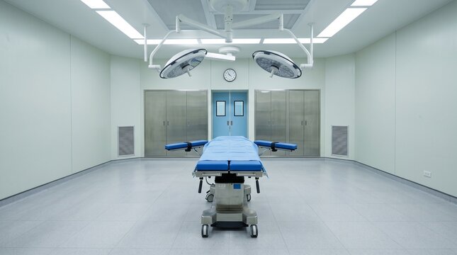 Modern sterile operating room featuring a blue surgical table and professional overhead medical lighting in a clean clinic