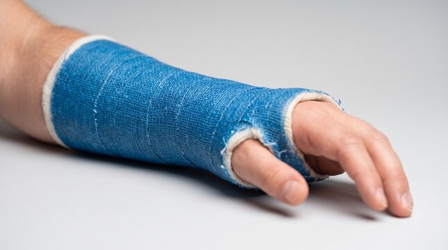 Side view of a human arm and hand wearing a blue orthopedic cast with white lining on white background