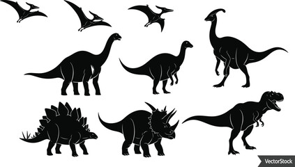 Collection of Dinosaur Silhouette Vector Illustration Set, Various Prehistoric Animal Character Poses for Jurassic Cretaceous Nature and Ancient Wildlife History Graphic Design Template © MdAbdur