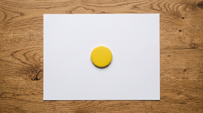 Blank yellow round button badge centered on white paper sheet over rustic wooden table background, minimalist mockup template for branding design and advertising campaign