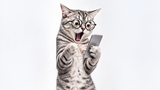 Shocked Cat with Glasses Looking at Smartphone on White Background