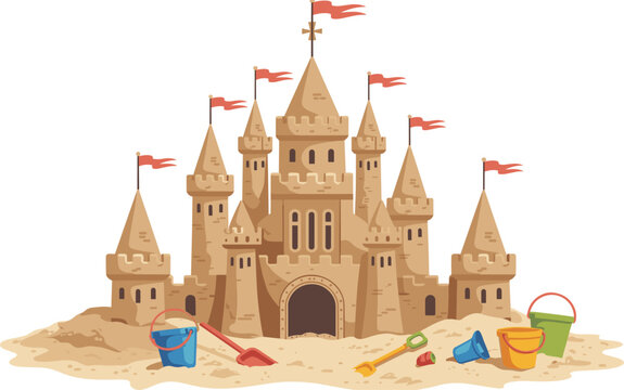 Cartoon sandcastle on beach with colorful buckets and shovel, playful summer seaside illustration of fantasy castle sculpture built from sand