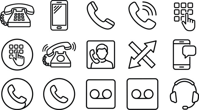 Telephone and Mobile Phone Line Icon Set with Dial Pad User Profile and Customer Support Symbols for Website App and UI Design,