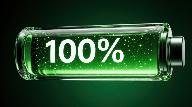 Modern green battery gauge shows 100 percent charge. Digital glass cylinder with glowing liquid, sparkles indicates full energy level. Concept of high efficiency, renewable power, sustainability,
