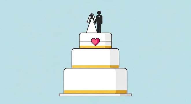 Three tiered wedding cake illustration with bride and groom topper