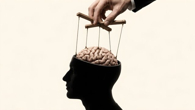 Illustrating the profound concept of psychological control, a human brain is manipulated by puppeteer strings, symbolizing external influence over thoughts and decisions