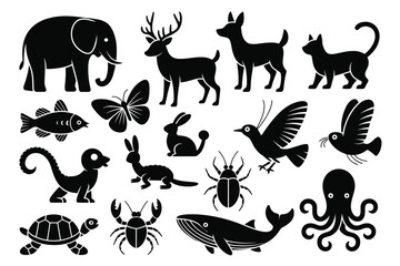 Obraz premium Collection of black animal silhouettes featuring an elephant, deer, cat, dog, butterfly, fish, rabbit, bird, beetle, turtle, crab, whale, and octopus on white