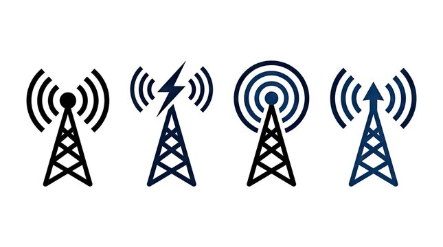 Telecommunication tower icons for signal and network connectivity.