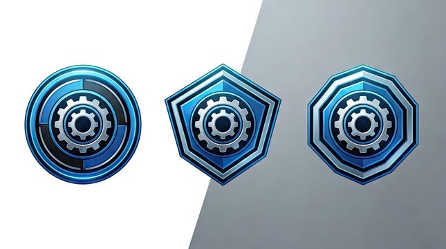 Three blue metallic gear shield icons set