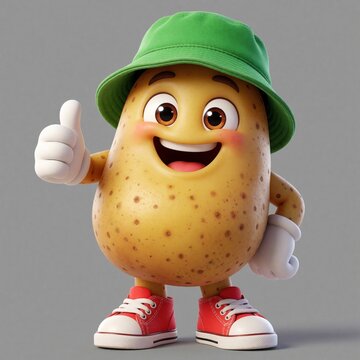 Cute potato character wearing a green hat and red shoes gives a thumbs up. This fun, anthropomorphic vegetable mascot is perfect for positive messaging and creative designs.
