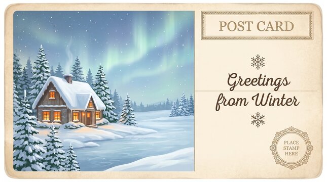 Complete winter scenic postcard with divided layout (6x4 inches landscape). Left side: snow-covered cottage with warm window glow, evergreen trees laden with snow, peaceful starry night, subtle aurora
