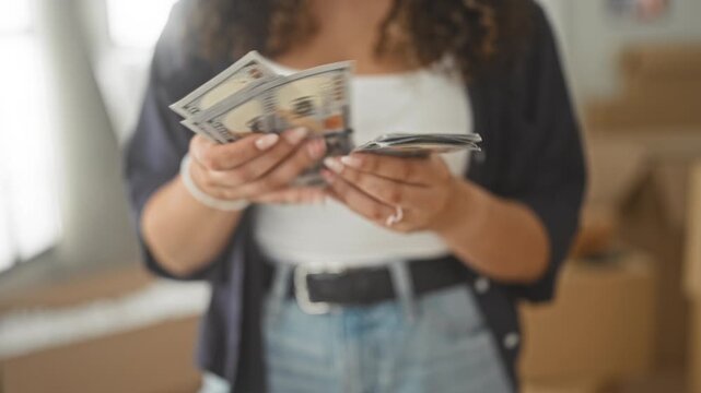 Young hispanic woman counting dollars with hands amid moving boxes in building; anticipation budgeting planning.