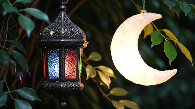 Ornate lantern and glowing crescent moon hanging in green foliage