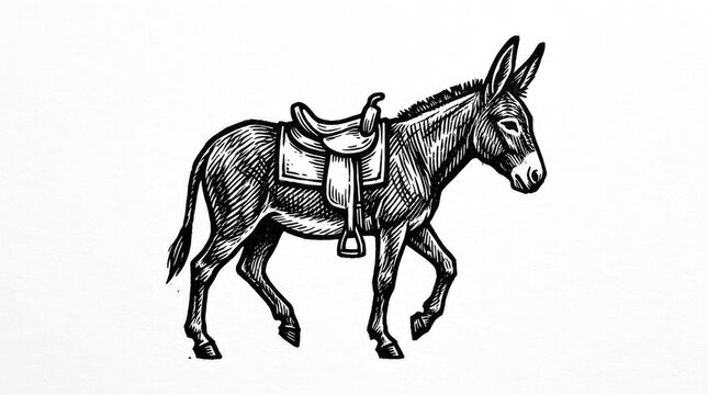 Vintage style donkey sketch with saddle on white.