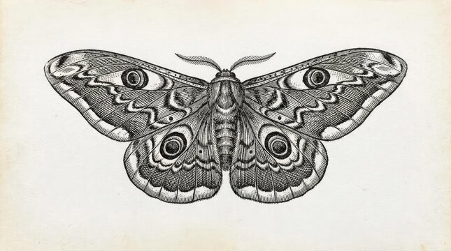 Vintage style etched moth illustration on off-white background.
