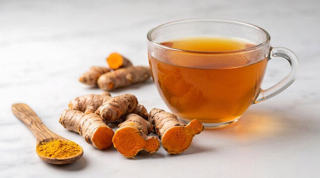 Fresh turmeric roots, powder, and herbal tea cup