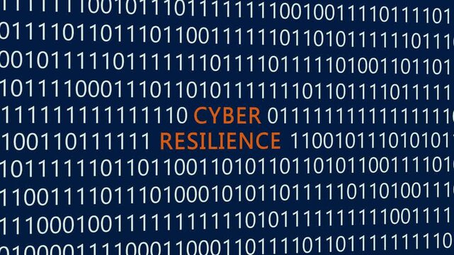 Cyber resilience text or word with digital binary animation background, designed for an illustrative digital world technology concept representing system durability, threat recovery
