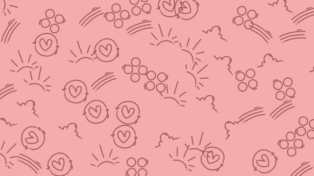 Pink background with doodle hearts, suns, circles, lines, and patterns in an artistic and cute decorative style. Suitable for valentines day designs.