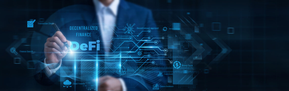 Businessman Pointing Decentralized Finance, blockchain smart contract and peer to peer financial network, crypto banking protocol, decentralized yield farming, open finance ledger