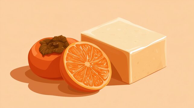 Flat vector illustration of persimmon soap bar with sliced persimmon fruit, minimalist modern design, soft pastel orange and cream color palette