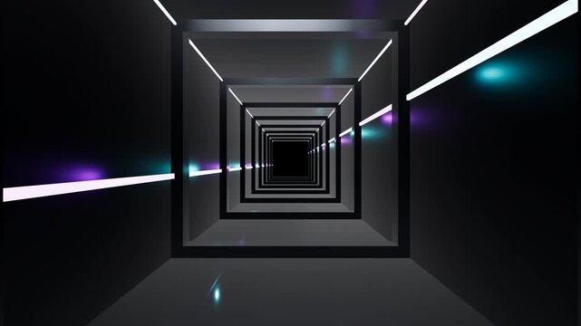 Premium 3D futuristic square tunnel animation with cyan and purple neon lights reflecting across a textured metallic floor. Continuous forward camera movement creates a cinematic sci-fi technology bac