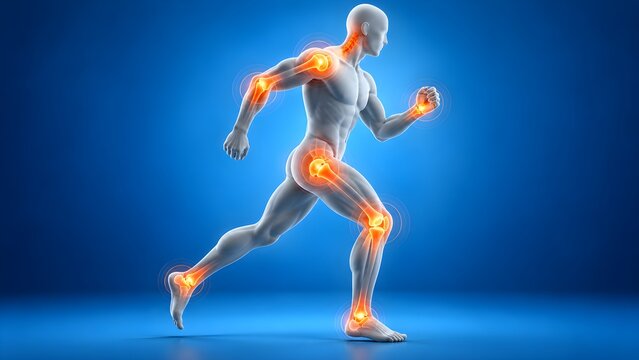 Anatomical illustration showing a running male figure with highlighted glowing joints representing health mobility and potential body inflammation