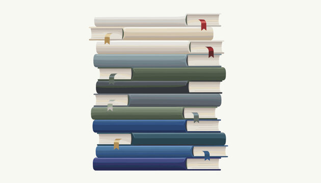 Tall neat stack of hardcover books in soft beige, grey, green, and blue colors is set against a clean background.