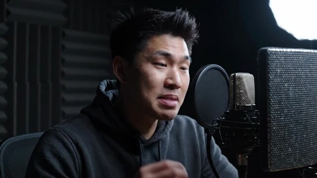 Podcast studio microphone asian man speaking recording voice, professional audio voice over host focus, asian male speaker recording podcast dark