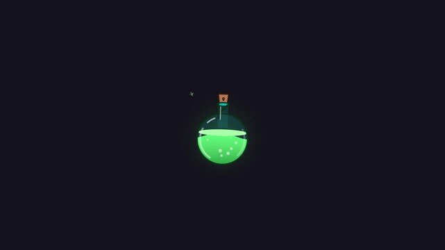 Minimalist 2D animation of a magical green potion bottle bubbling with sparkling particles on a dark background.