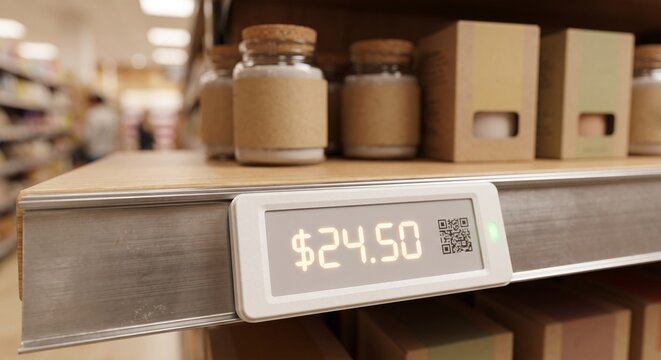 Electronic Price Tag on Supermarket Retail Shelf