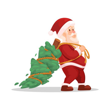 Santa Claus Carrying Christmas Tree Christmas Symbol Vector Illustration