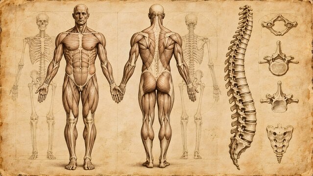 Detailed vintage anatomical diagram showcasing human musculature and skeletal structure, including a comprehensive spine representation on aged parchment texture for educational and medical study