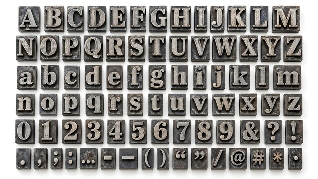 Arranged vintage metal letterpress type blocks, a complete set of alphabet, numbers, and symbols, highlighting traditional typography and print history