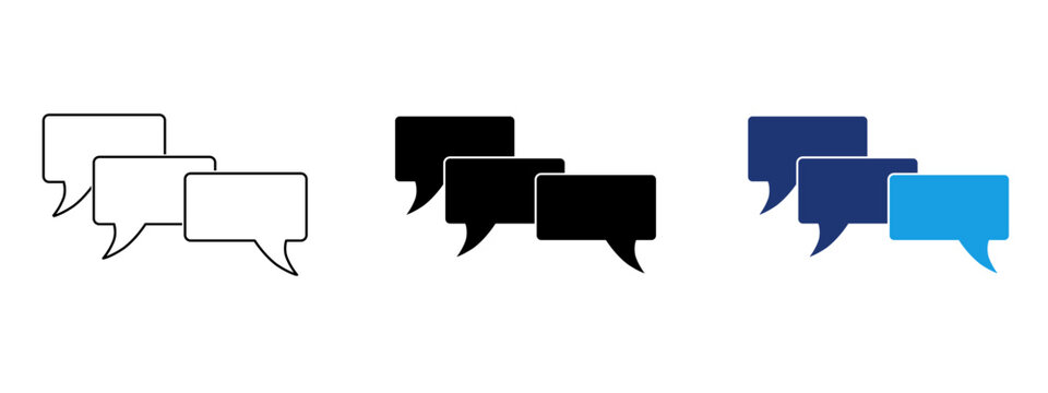 Speech bubble icon set with multiple message bubbles. Symbol of chat, discussion, messaging, online communication, group conversation, feedback, customer support, social media interaction, and talk.