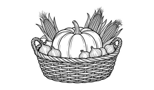 Black and white vegetable basket line art with pumpkin corn and onions vector illustration