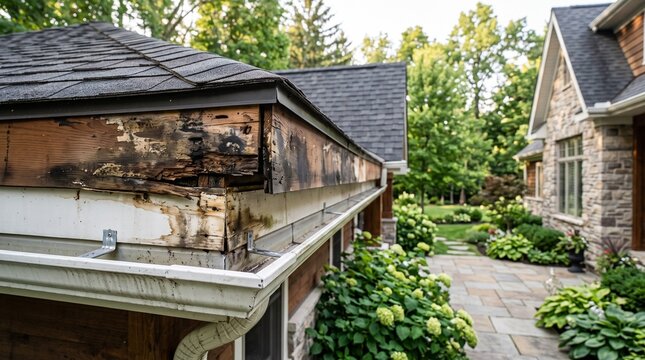 Damaged Soffit Exposing Weathered Wood And Cracked Paint On Professionally Maintained Residential Property With Natural Directional