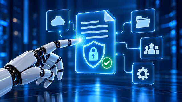 Artificial intelligence robot hand touching secure document interface with cloud storage and user management icons representing cyber protection