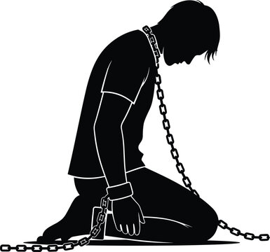Black Silhouette Vector Illustration of a Man Kneeling in Chains Symbolizing Slavery Prisoner Captivity and Social Injustice for Human Rights Concept Awareness