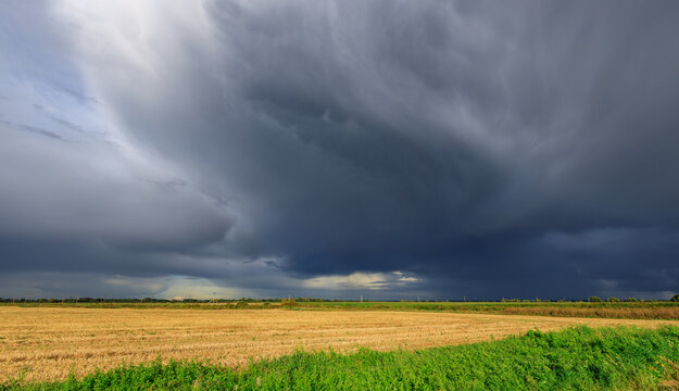Dramatic sky with heavy storm clouds over agricultural field
