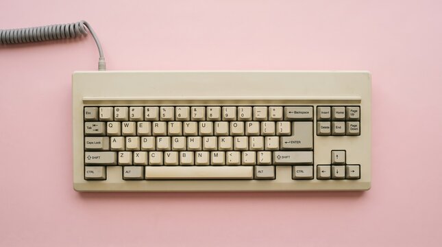 Retro beige computer keyboard with coiled cable on pastel pink background, vintage technology concept, minimalist flat lay photography for design and nostalgia themes
