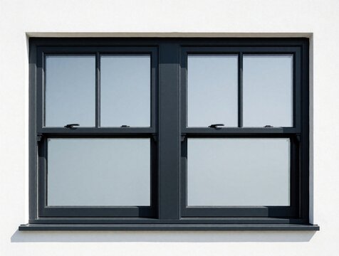 Modern dark gray double hung window on white exterior wall. Anthracite aluminum frame with glass panes in residential building. Minimalist architecture design features clean lines, energy efficient