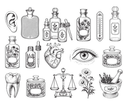 Vector sketch illustration set health, medicine, and pharmaceuticals.